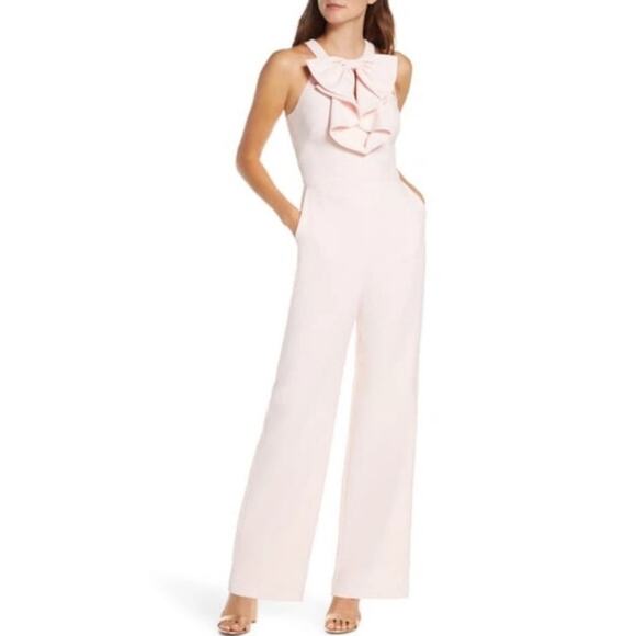 Eliza J Halter Top Ruffle Bow Jumpsuit in Blush Pink, Size...